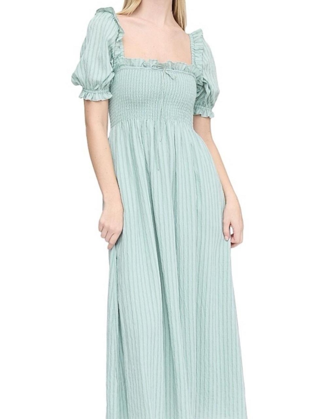 Smocked Sage Green Midi Dress with Puff Sleeves